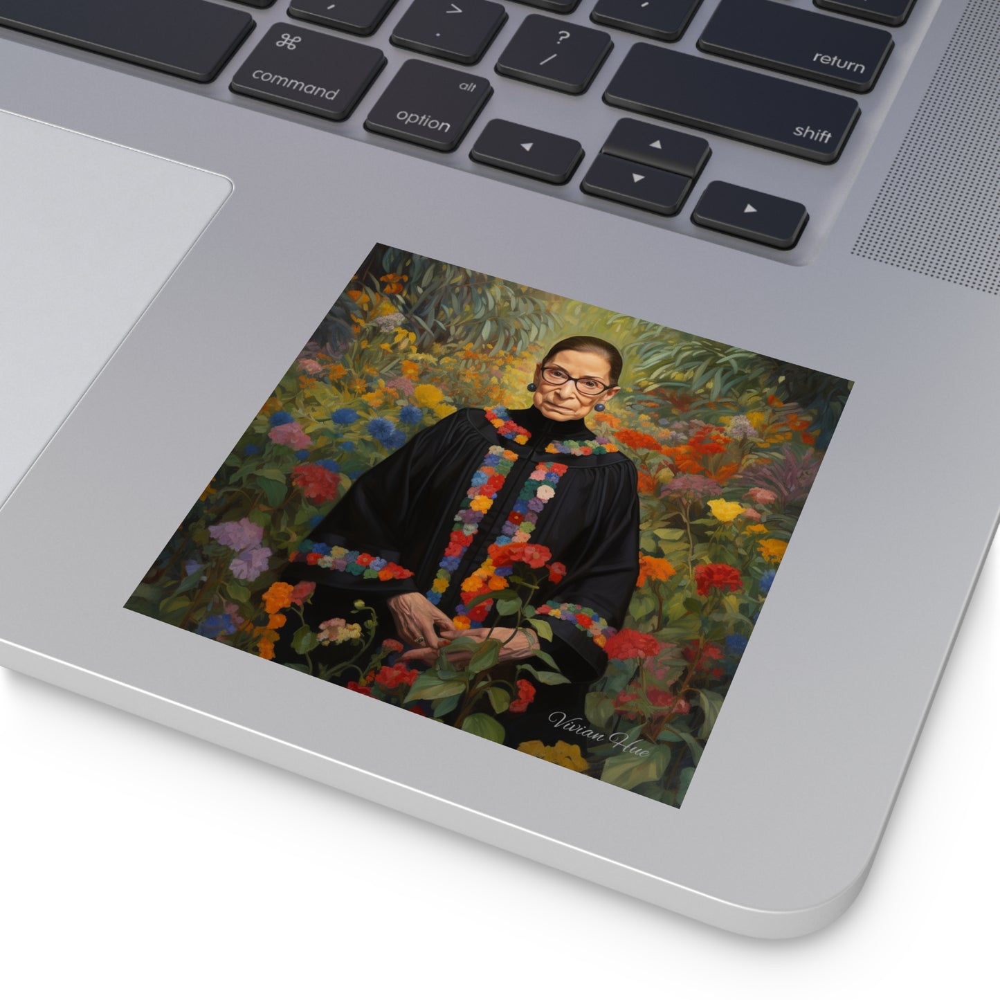 Ruth Bader Ginsburg in a flower garden 2 on a Square Stickers, Indoor\Outdoor