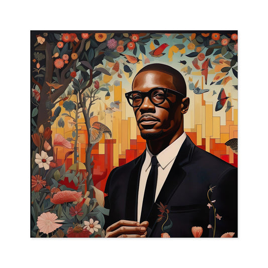 Malcolm X in a flower garden on Square Stickers, Indoor\Outdoor