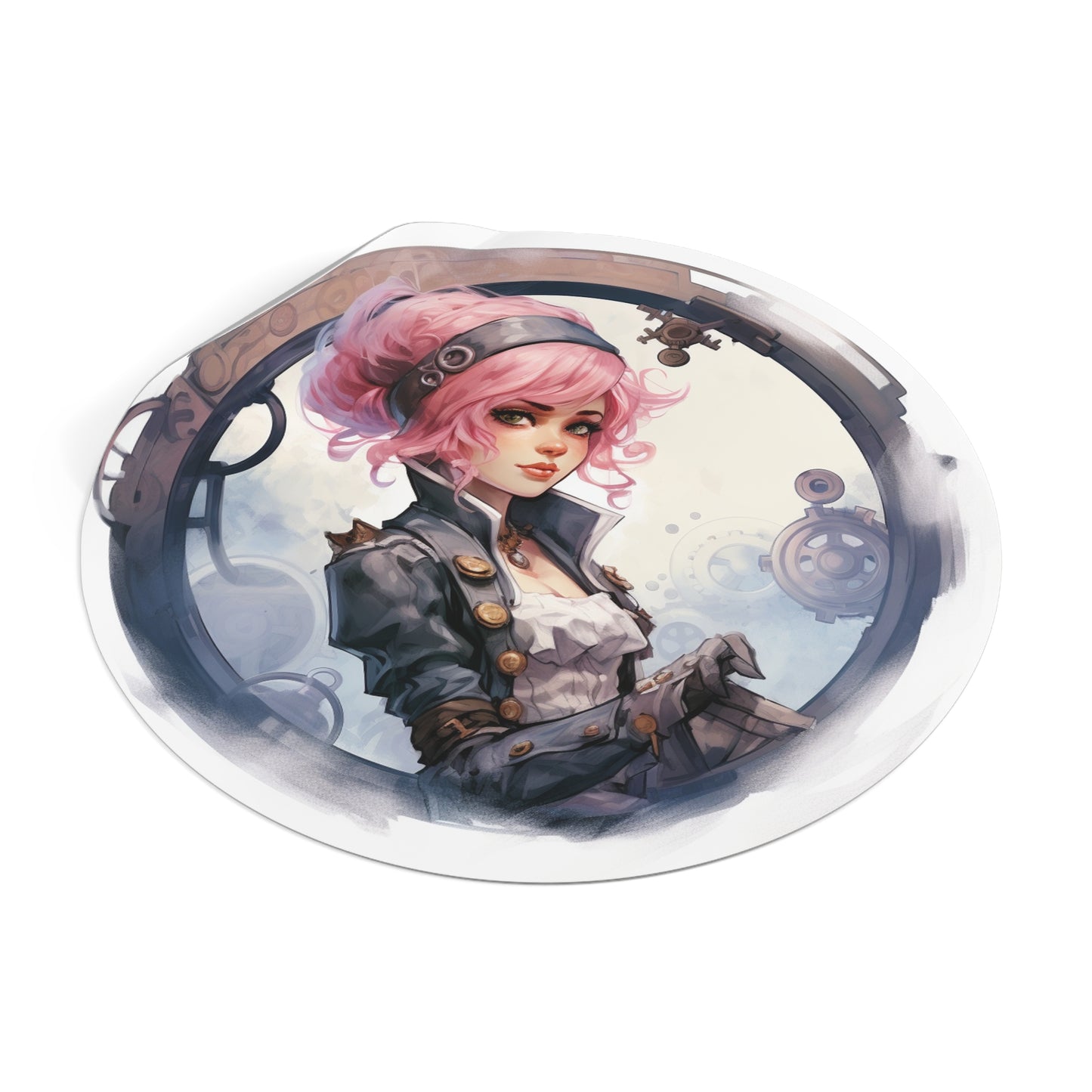 Pink Haired Steampunk Pirate Princess: Round Vinyl Stickers