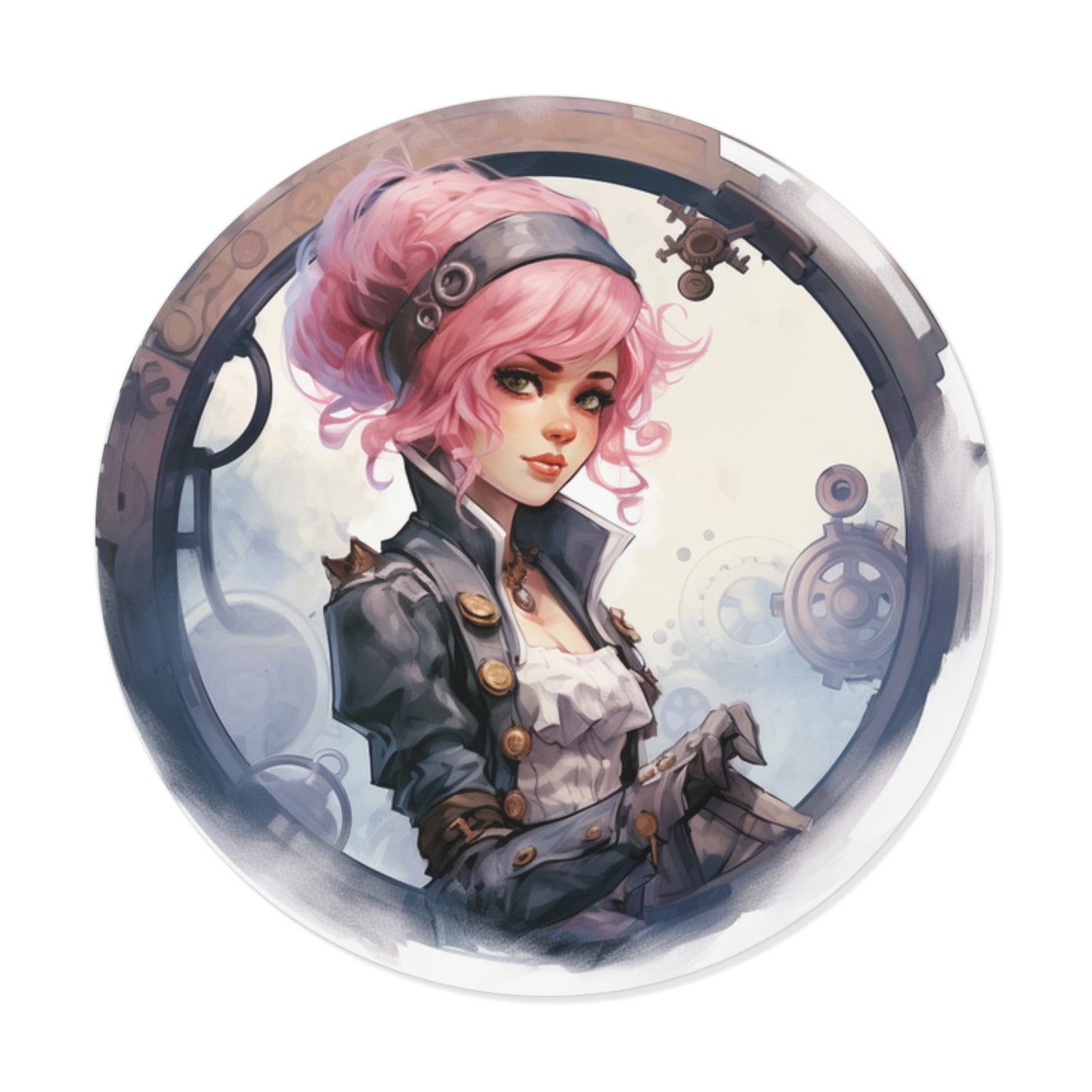 Pink Haired Steampunk Pirate Princess: Round Vinyl Stickers