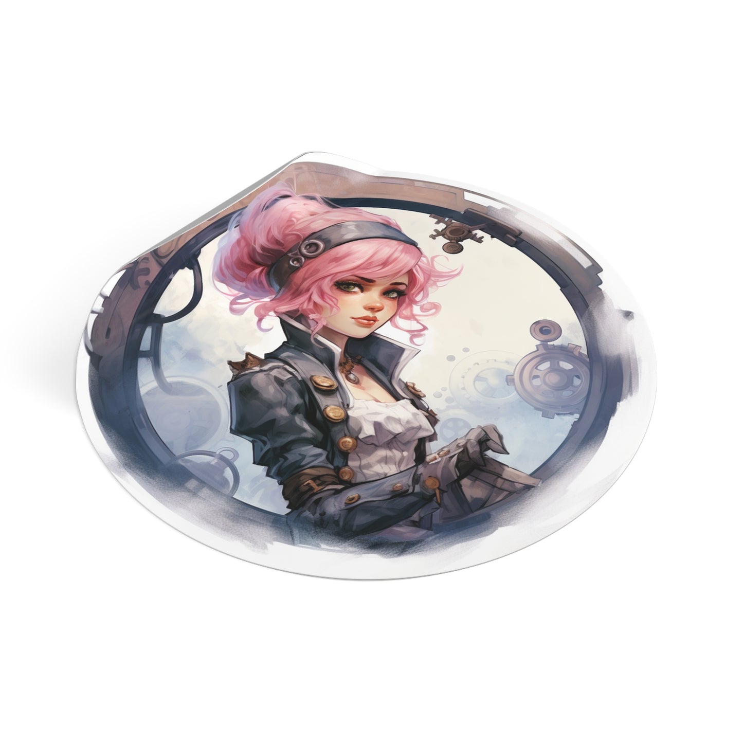 Pink Haired Steampunk Pirate Princess: Round Vinyl Stickers