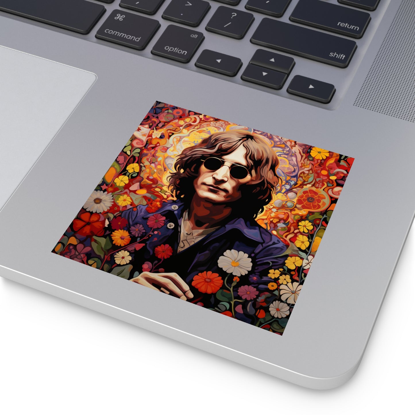 John Lennon in a flower garden on a laptop sticker