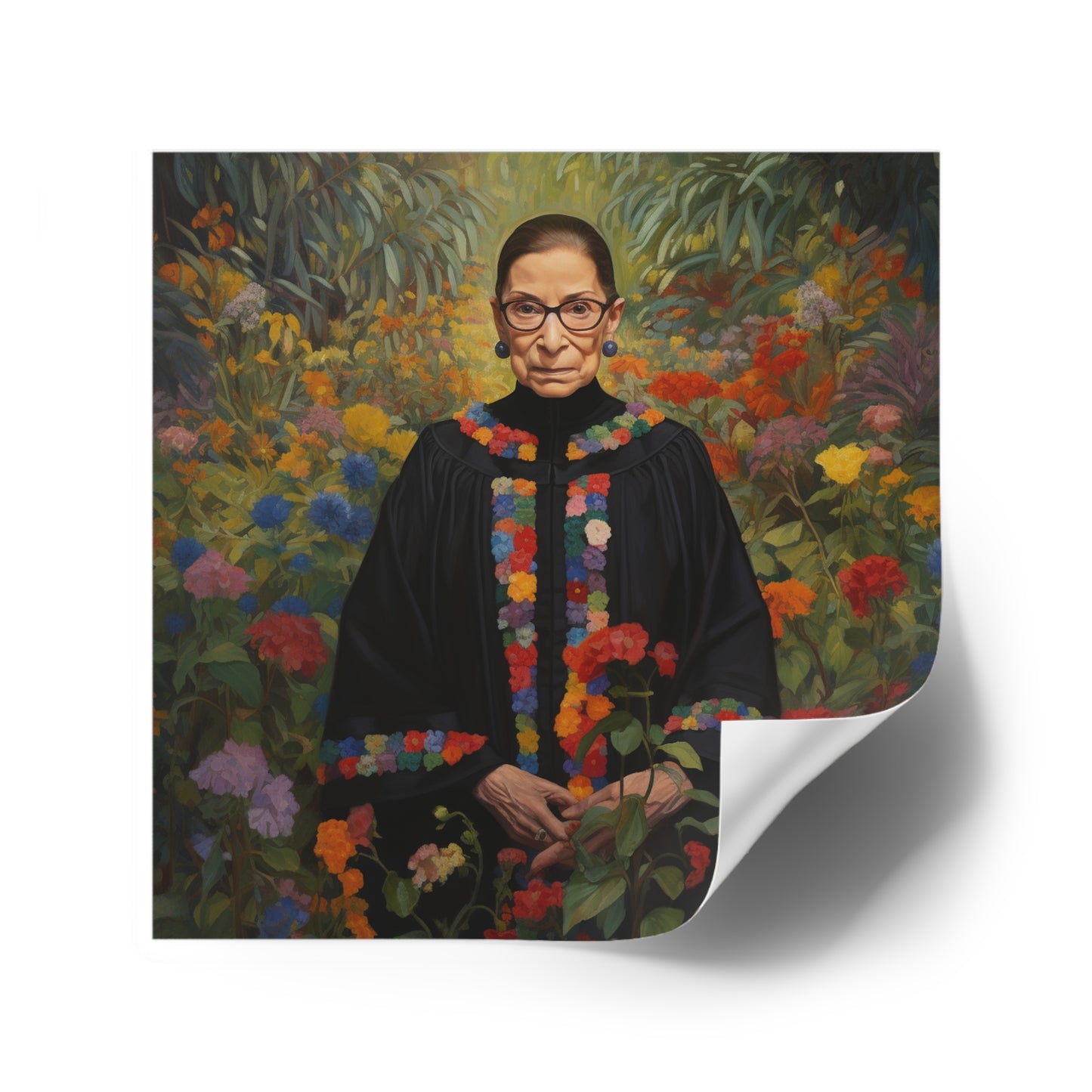 Ruth Bader Ginsburg in a flower garden 2 on a Square Stickers, Indoor\Outdoor