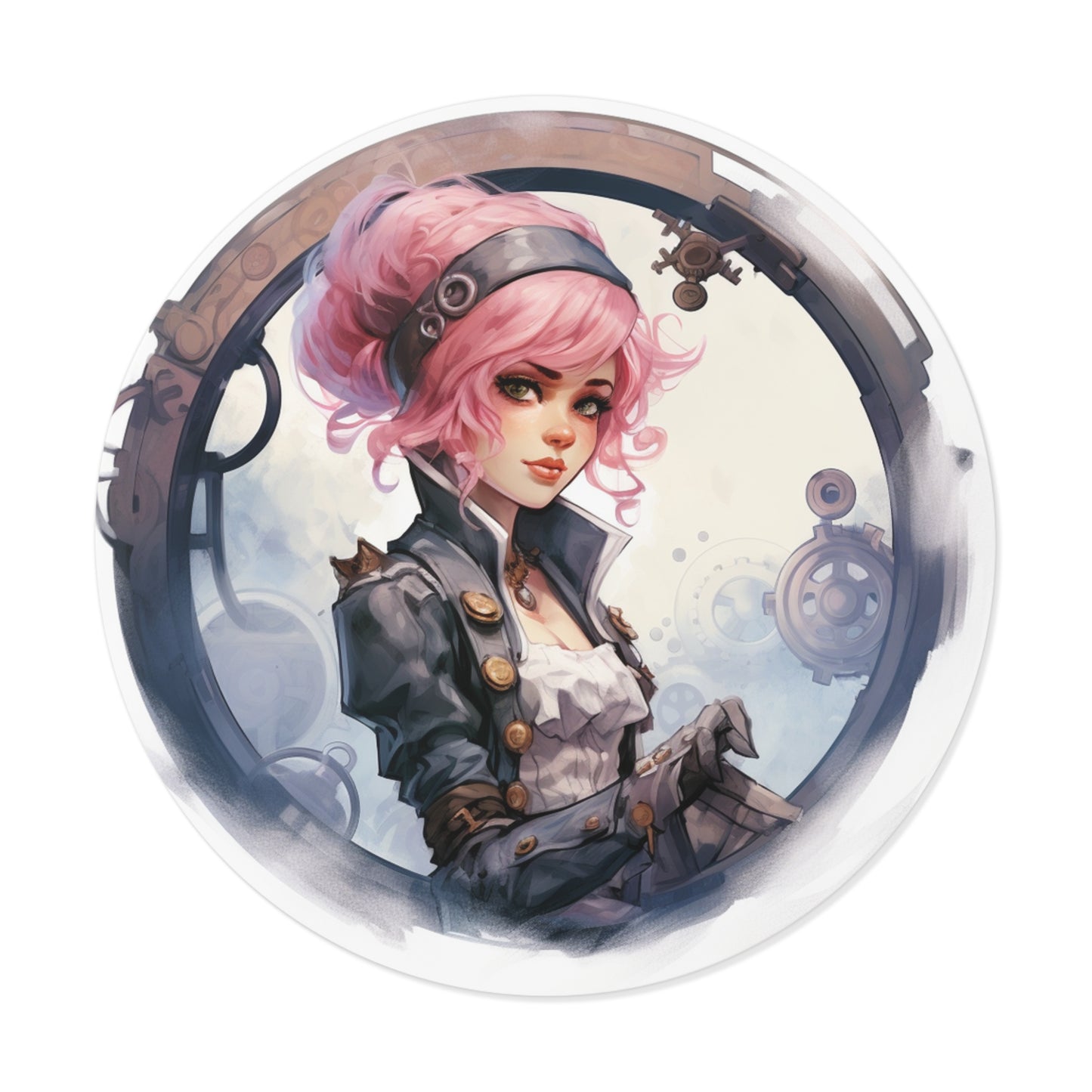 Pink Haired Steampunk Pirate Princess: Round Vinyl Stickers