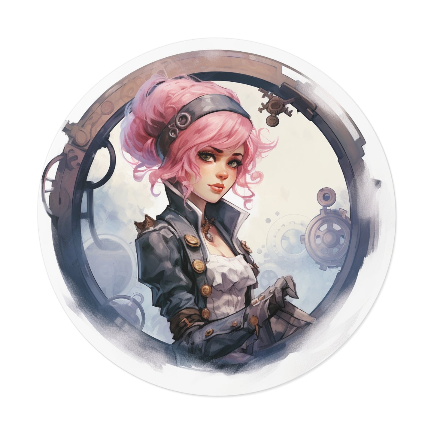 Pink Haired Steampunk Pirate Princess: Round Vinyl Stickers