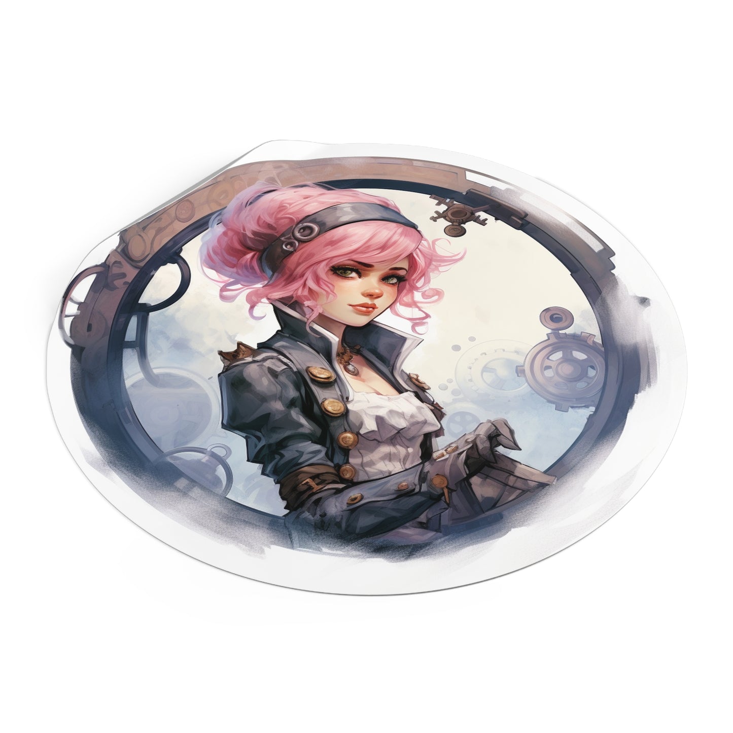 Pink Haired Steampunk Pirate Princess: Round Vinyl Stickers