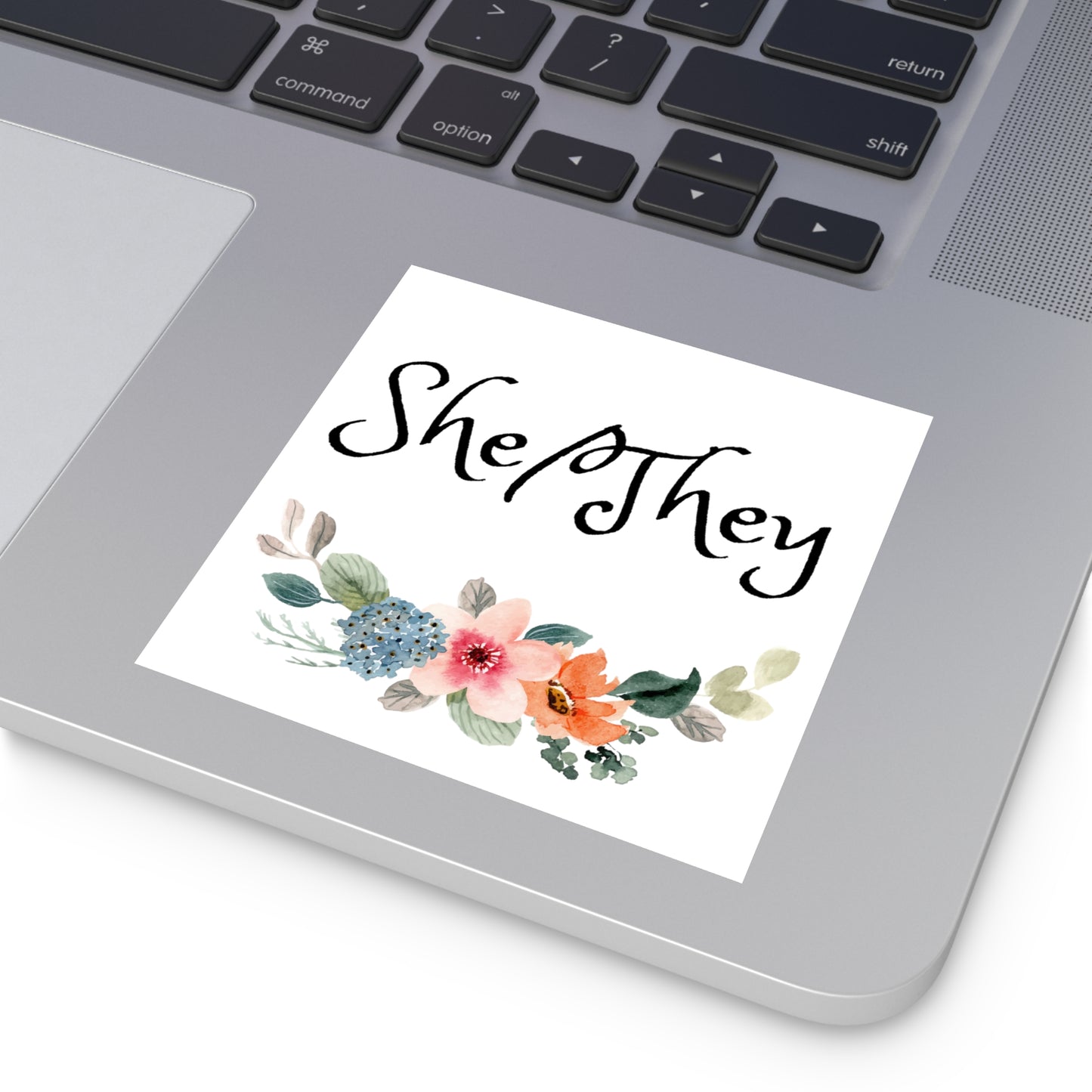 She/They Pronoun Laptop Square Stickers, Indoor\Outdoor